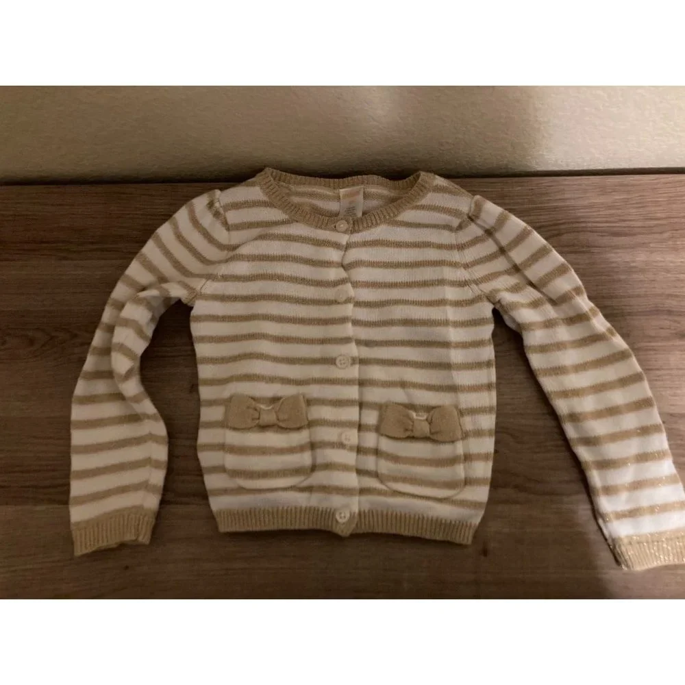 Gymboree Sparkly Gold and White Striped Cardigan Sweater 2T Bow Pockets Cotton